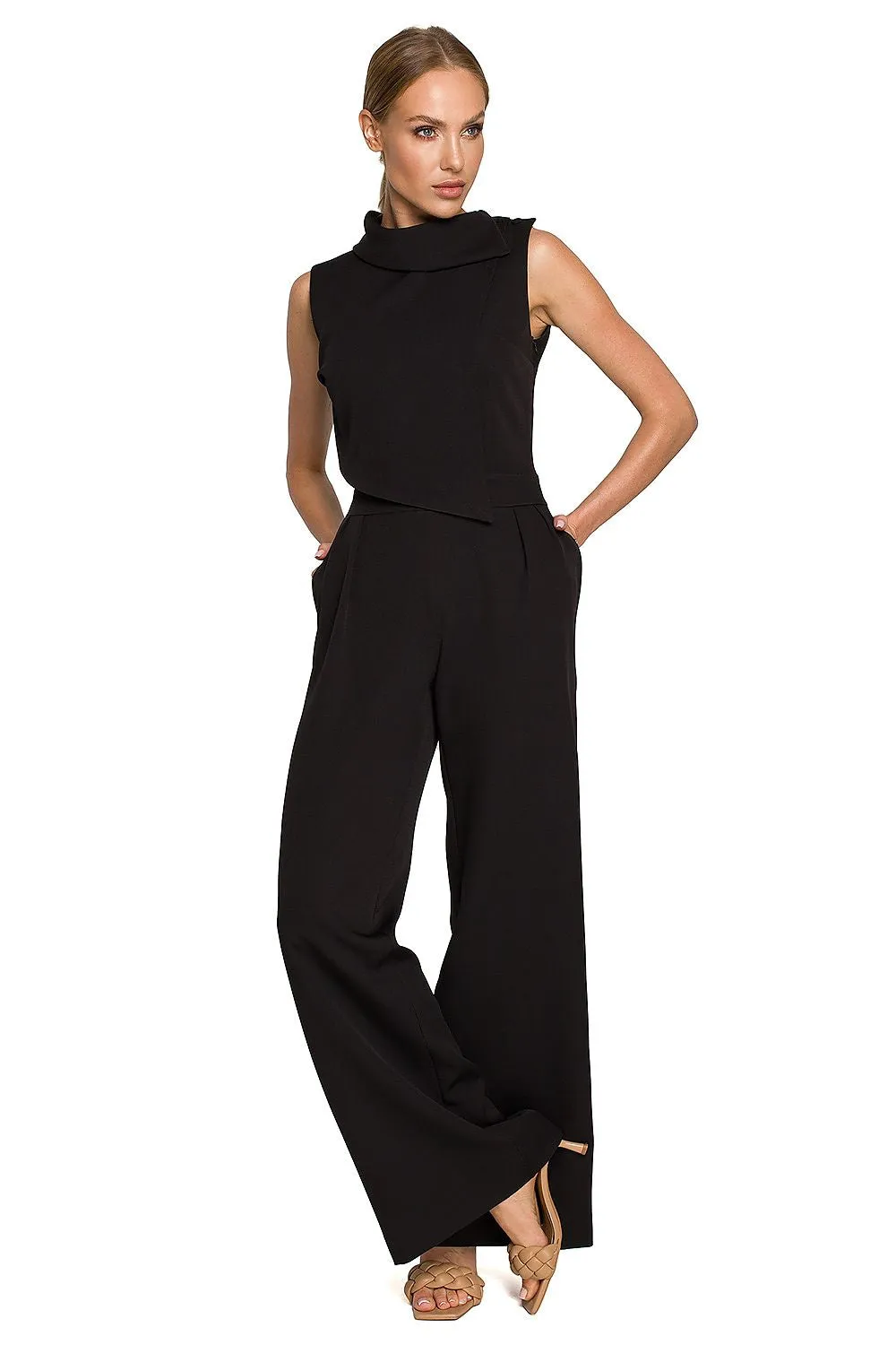 Elegant Roll-Up Collar Wide-Leg Jumpsuit