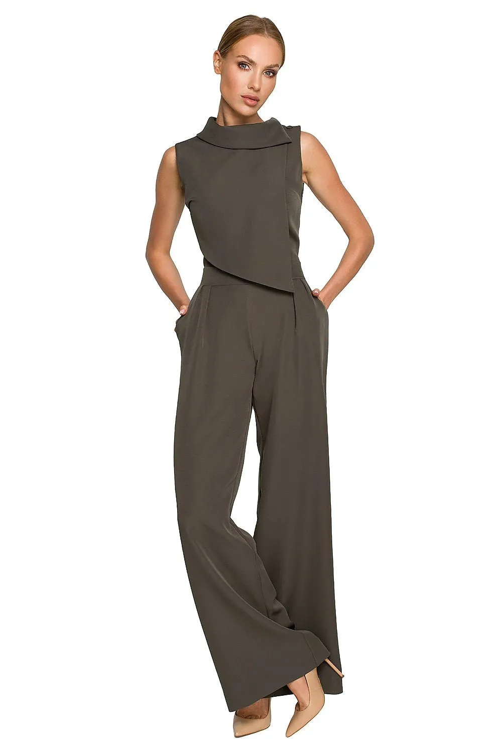 Elegant Roll-Up Collar Wide-Leg Jumpsuit