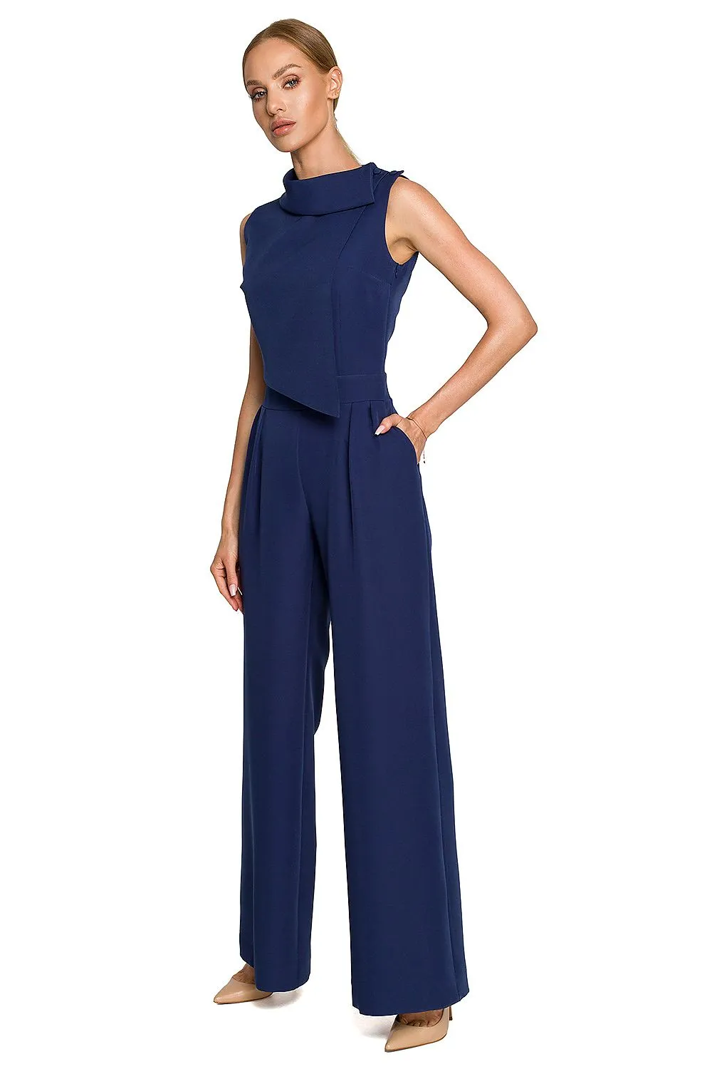 Elegant Roll-Up Collar Wide-Leg Jumpsuit