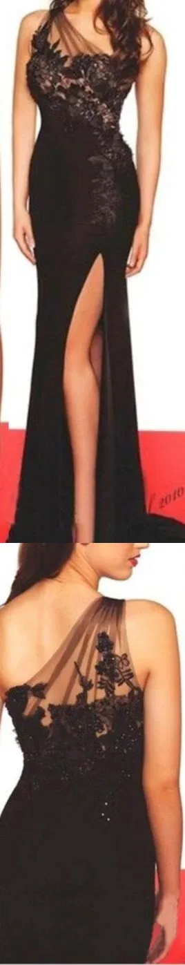Elegant Side Split Mermaid One Shoulder Long Sleeves Black Long Prom Dress,Evening Dresses,Party Dresses,PDY0327