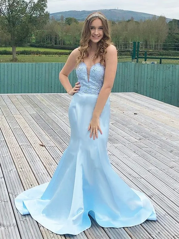 Elegant Sky Blue Deep V Neck Strapless Beading Floor Length Mermaid Evening Gown Prom Dresses ,WGP599