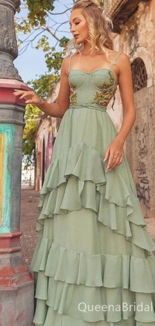 Elegant Spaghetti Straps Appliques Tiered  Evening Gown Long Prom Dresses with Ruffles,WGP659