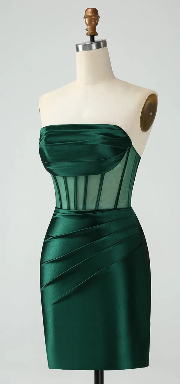 Elegant Straight Neck Dark Green Mermaid Satin Short Homecoming Dresses Online, HD0758