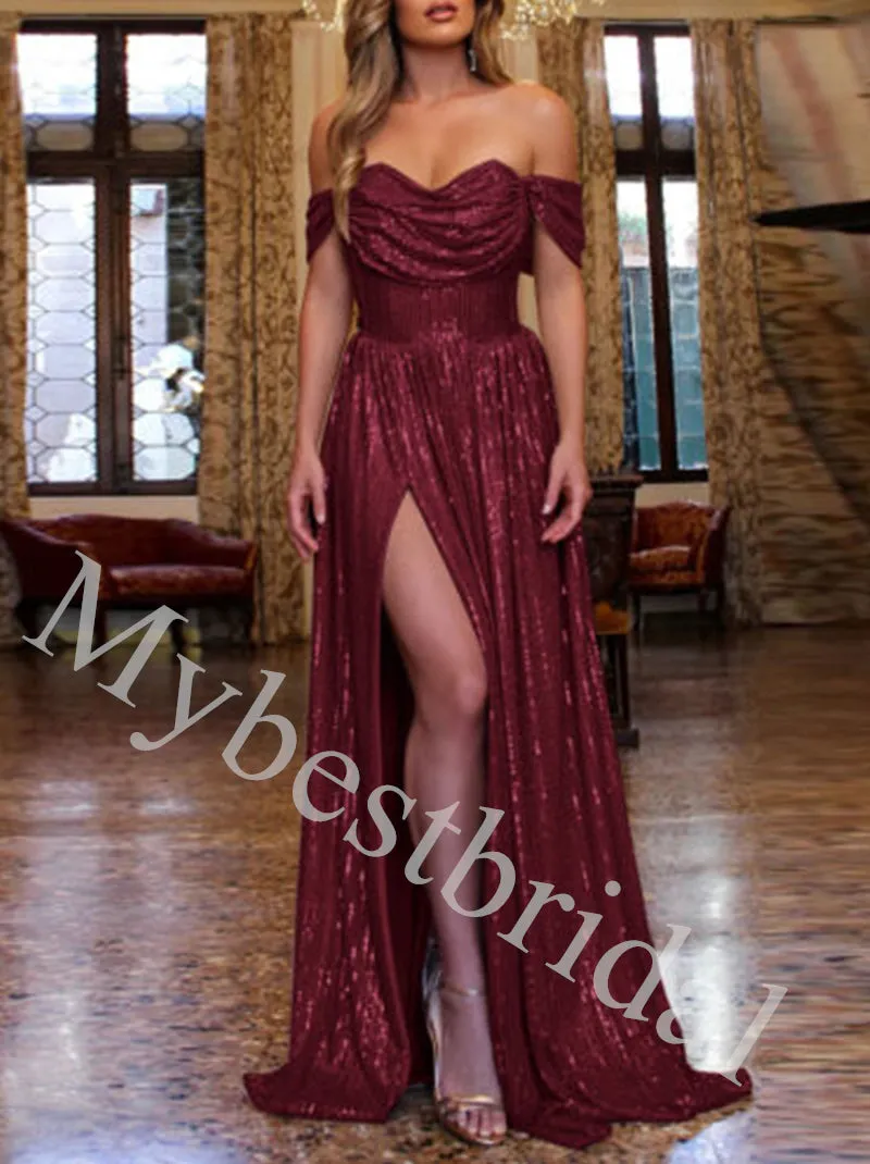 Elegant Strapless Off shoulder Side slit A-line Long Prom Dress,PDS1080