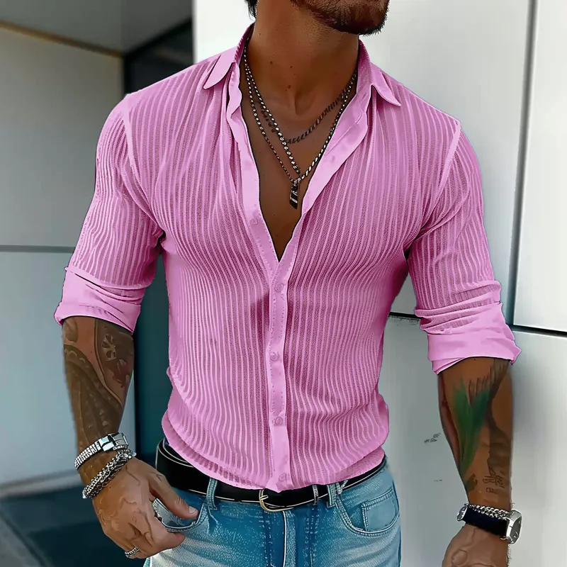 Elegant Striped Collar Long-Sleeve Shirt for Gentlemen