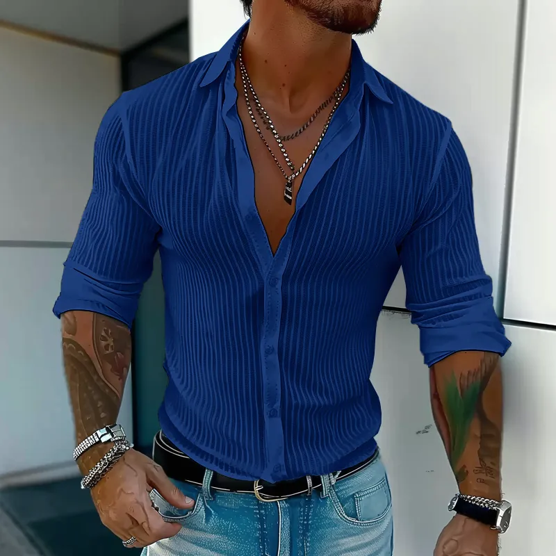 Elegant Striped Collar Long-Sleeve Shirt for Gentlemen