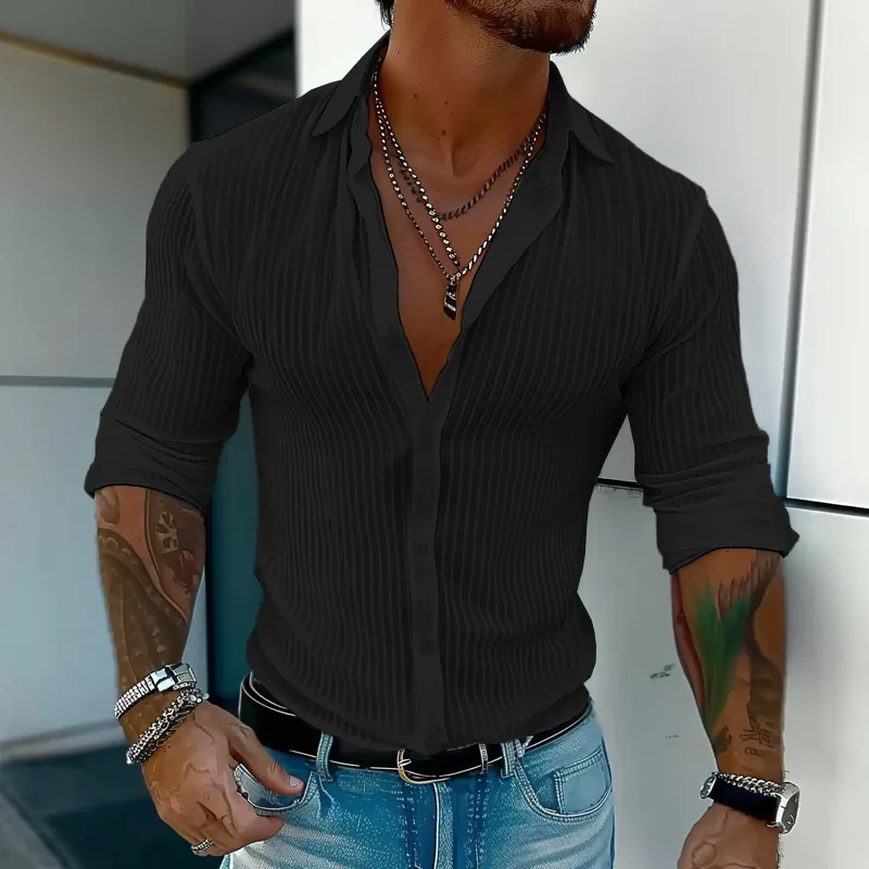 Elegant Striped Collar Long-Sleeve Shirt for Gentlemen