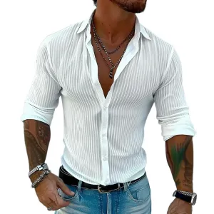 Elegant Striped Collar Long-Sleeve Shirt for Gentlemen