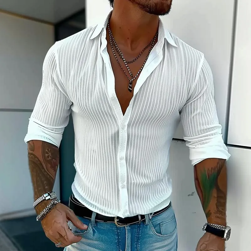 Elegant Striped Collar Long-Sleeve Shirt for Gentlemen