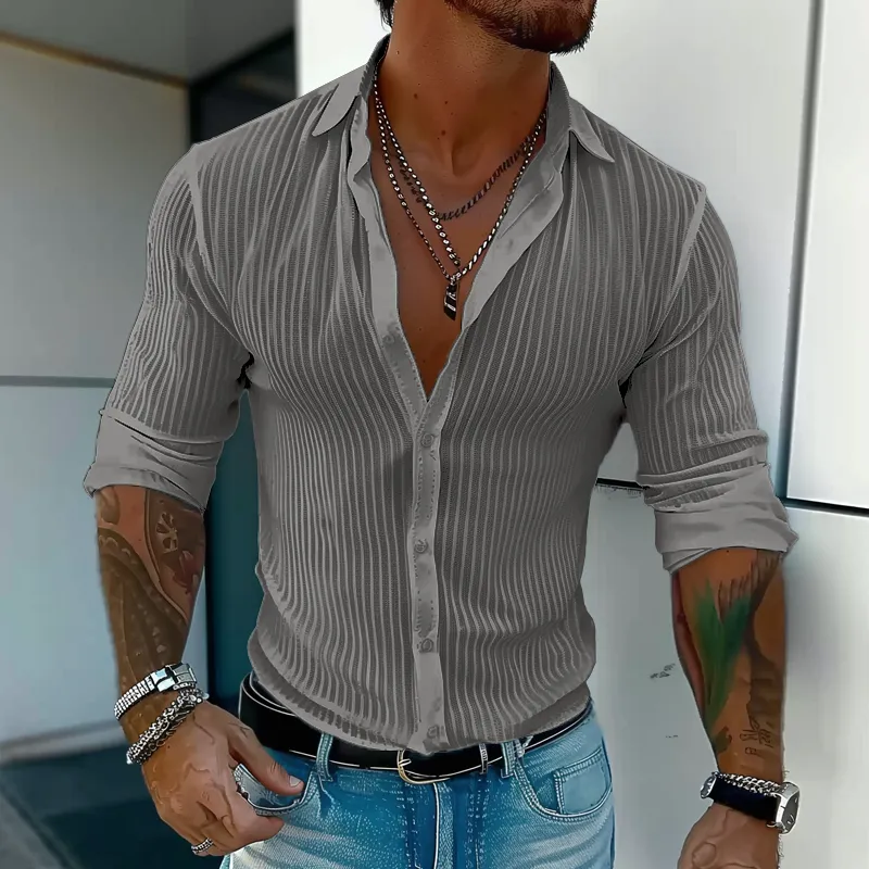 Elegant Striped Collar Long-Sleeve Shirt for Gentlemen