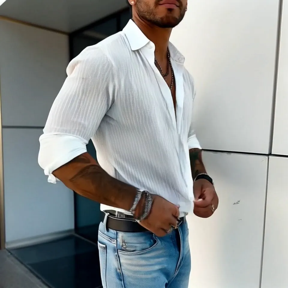 Elegant Striped Collar Long-Sleeve Shirt for Gentlemen