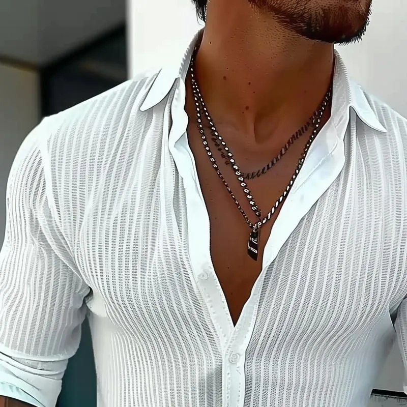Elegant Striped Collar Long-Sleeve Shirt for Gentlemen