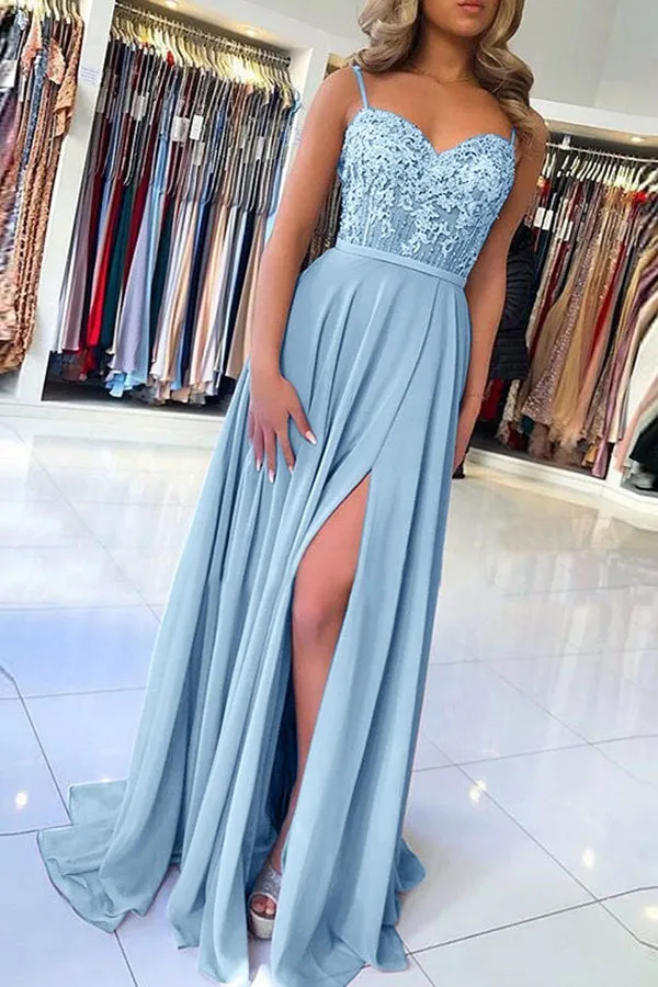 Elegant Sweetheart Spagehetti Straps Blue Lace Slit Prom Dresses,Beaded Prom Dresses,MP540