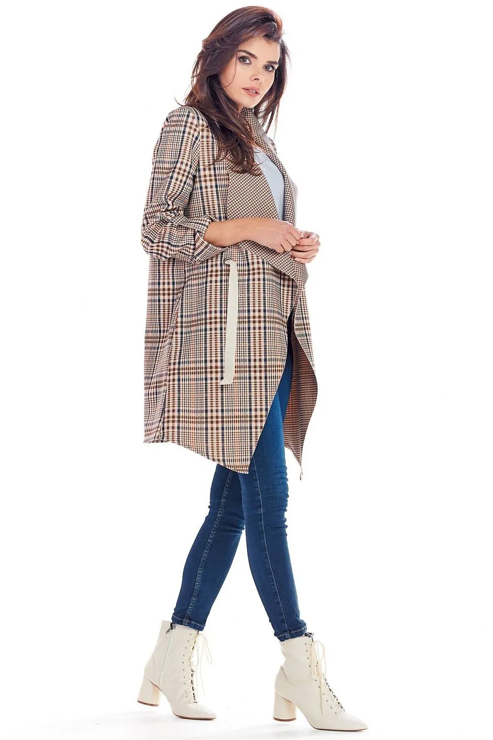 Elegant Tied Waist Plaid Jacket