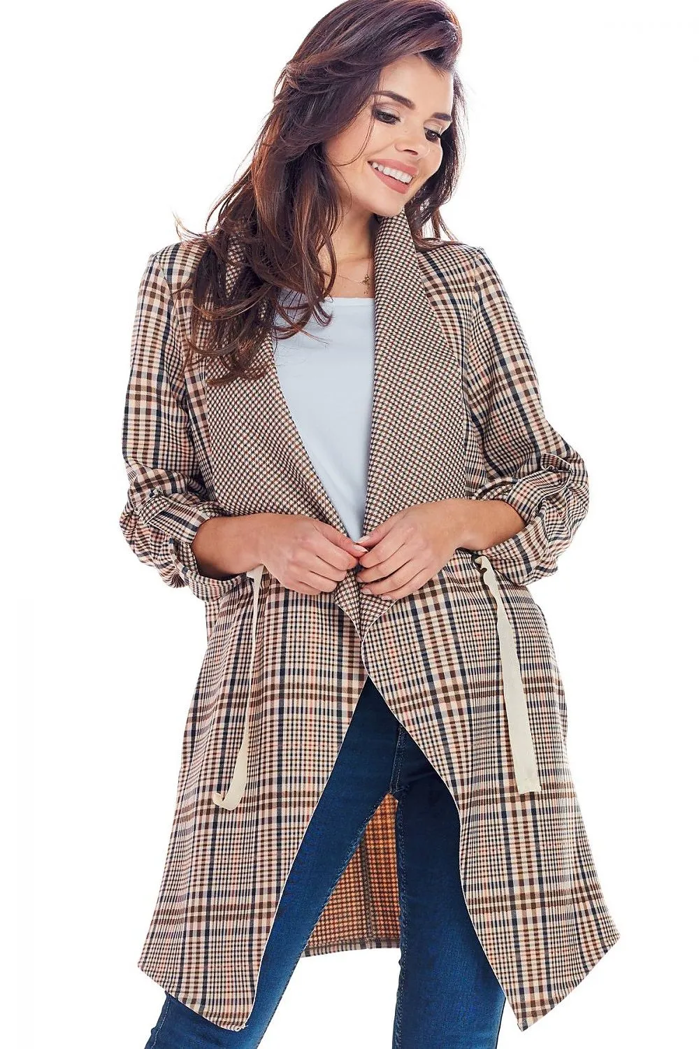 Elegant Tied Waist Plaid Jacket