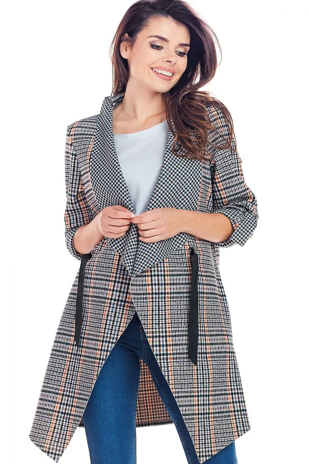 Elegant Tied Waist Plaid Jacket