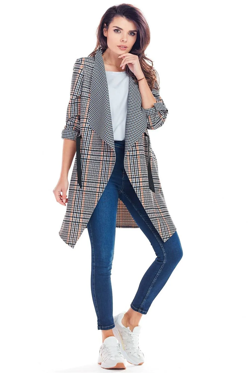Elegant Tied Waist Plaid Jacket