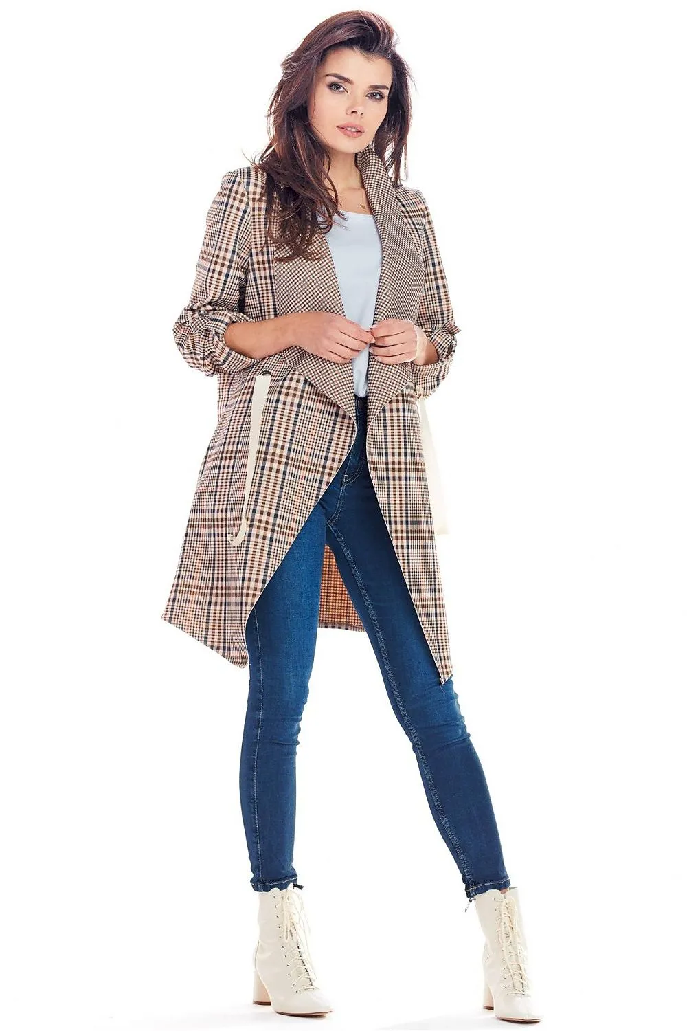 Elegant Tied Waist Plaid Jacket