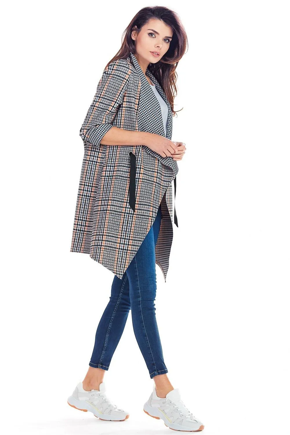 Elegant Tied Waist Plaid Jacket