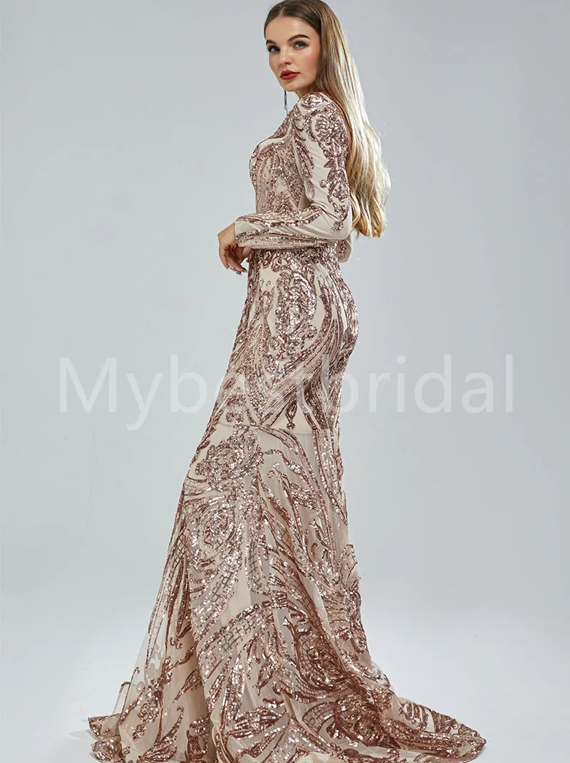 Elegant V-neck Long sleeves Mermaid Prom Dresses, PDS0509