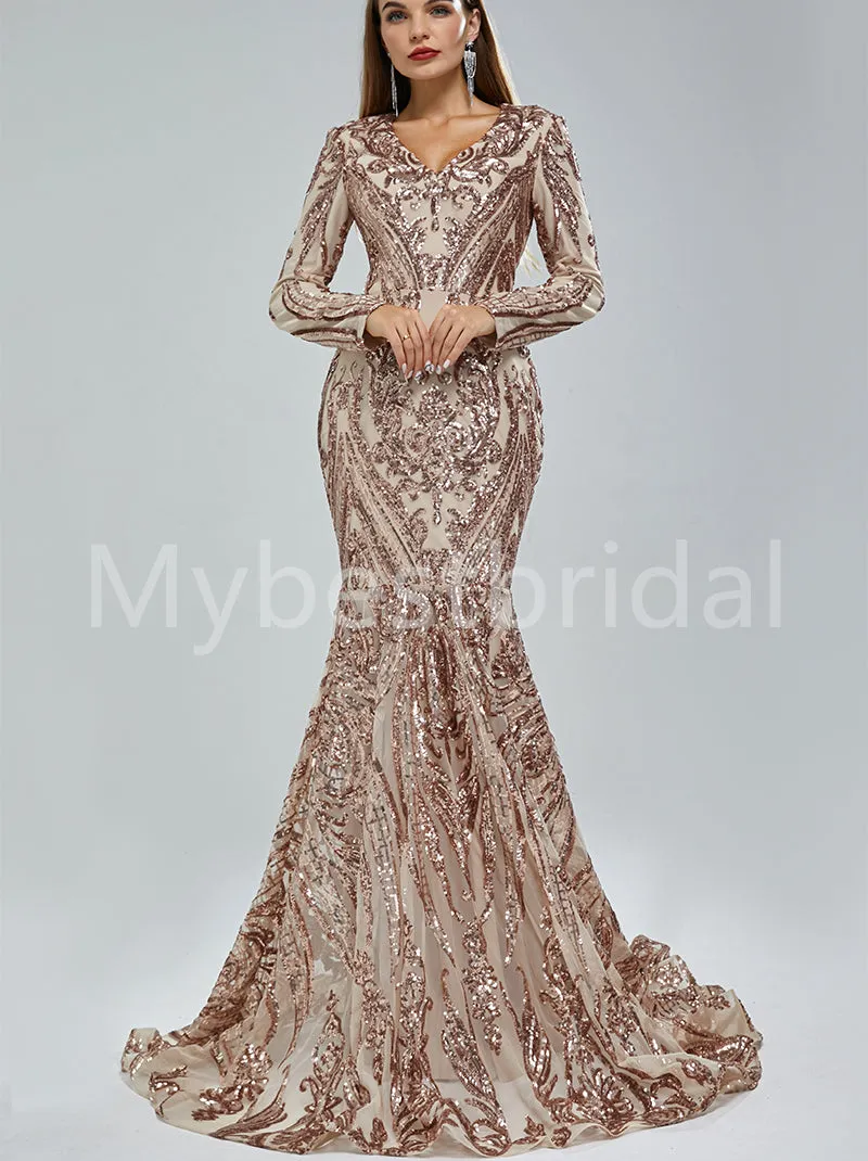 Elegant V-neck Long sleeves Mermaid Prom Dresses, PDS0509