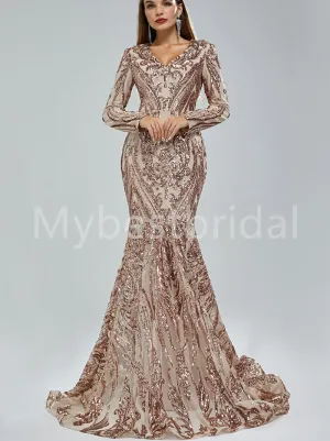 Elegant V-neck Long sleeves Mermaid Prom Dresses, PDS0509