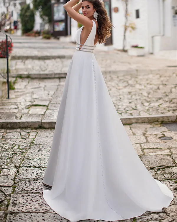 Elegant Wedding Dresses Beaded Belt V-Neck Satin A-line Bridal Gowns New Arrival
