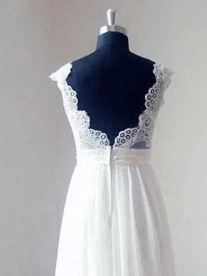 Elegant White Satin Cap Sleeve Rhinestone Wedding Dresses, Sexy V-back Bridal Gown, WDY0137