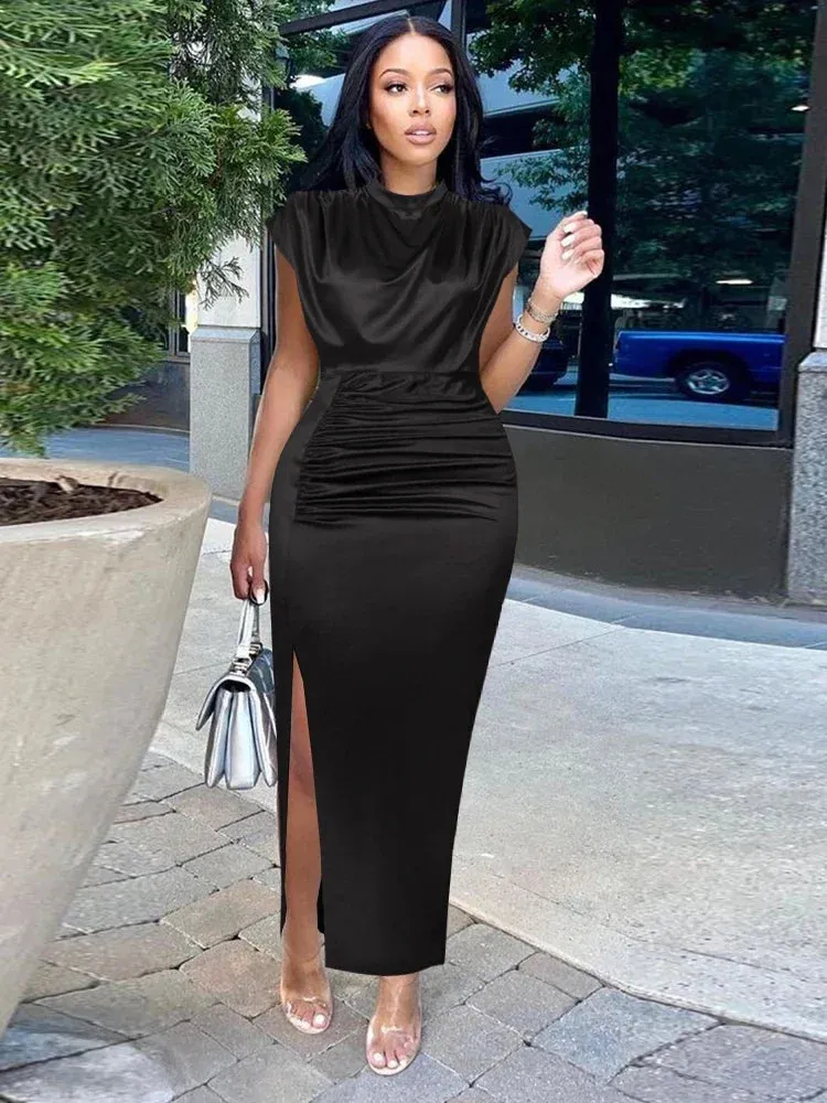 Elegant Wine Red Pleated Maxi Dress