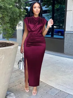 Elegant Wine Red Pleated Maxi Dress