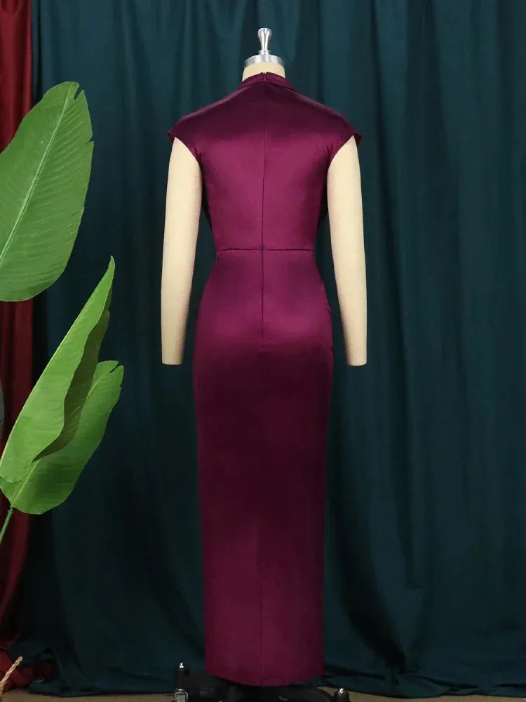 Elegant Wine Red Pleated Maxi Dress