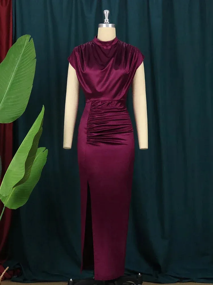 Elegant Wine Red Pleated Maxi Dress