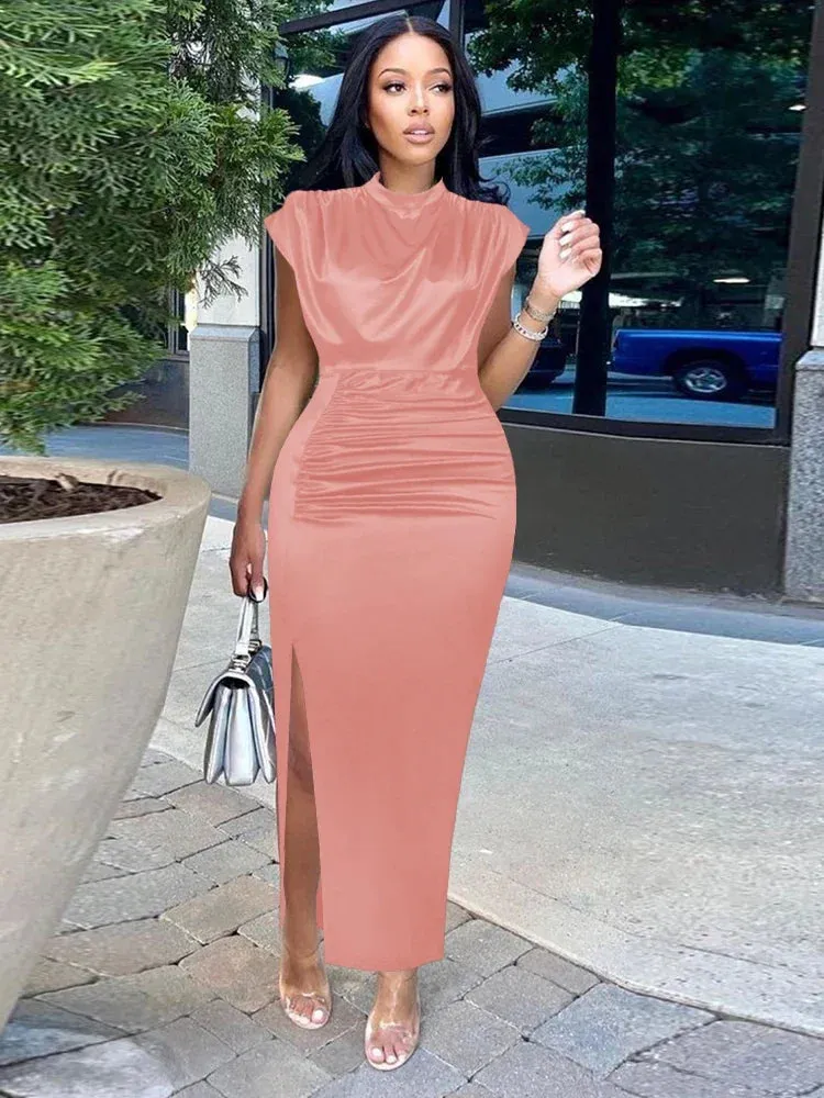 Elegant Wine Red Pleated Maxi Dress