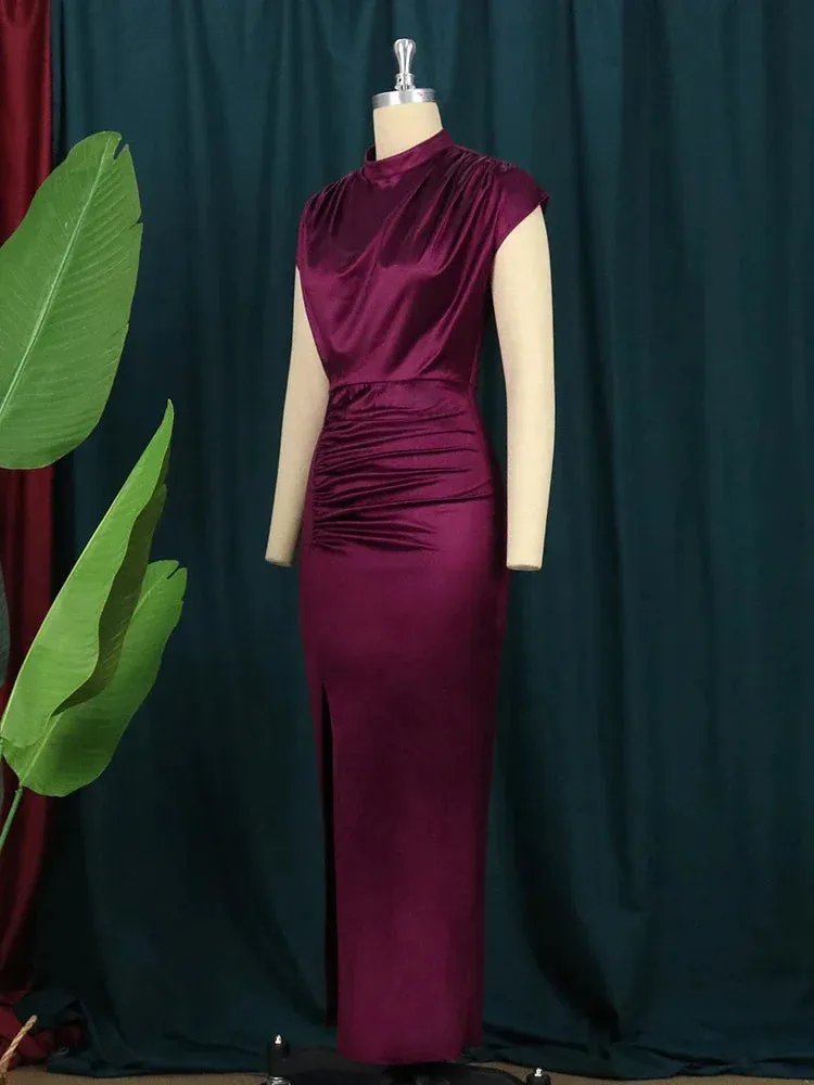 Elegant Wine Red Pleated Maxi Dress