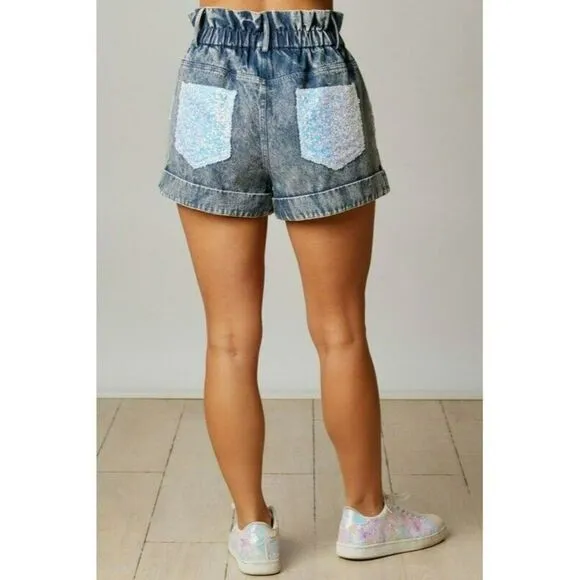 Fantastic Fawn Sequin Color Block Paper Bag Denim Shorts in Denim IFP51932-03