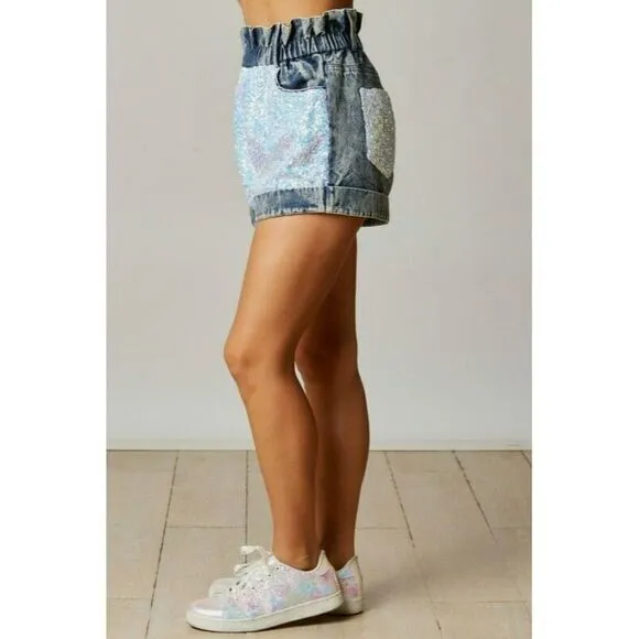 Fantastic Fawn Sequin Color Block Paper Bag Denim Shorts in Denim IFP51932-03