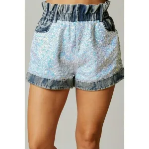 Fantastic Fawn Sequin Color Block Paper Bag Denim Shorts in Denim IFP51932-03