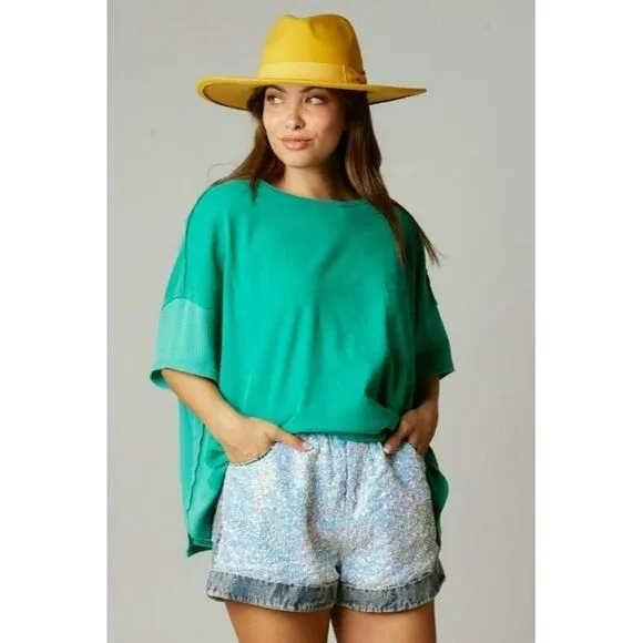 Fantastic Fawn Sequin Color Block Paper Bag Denim Shorts in Denim IFP51932-03