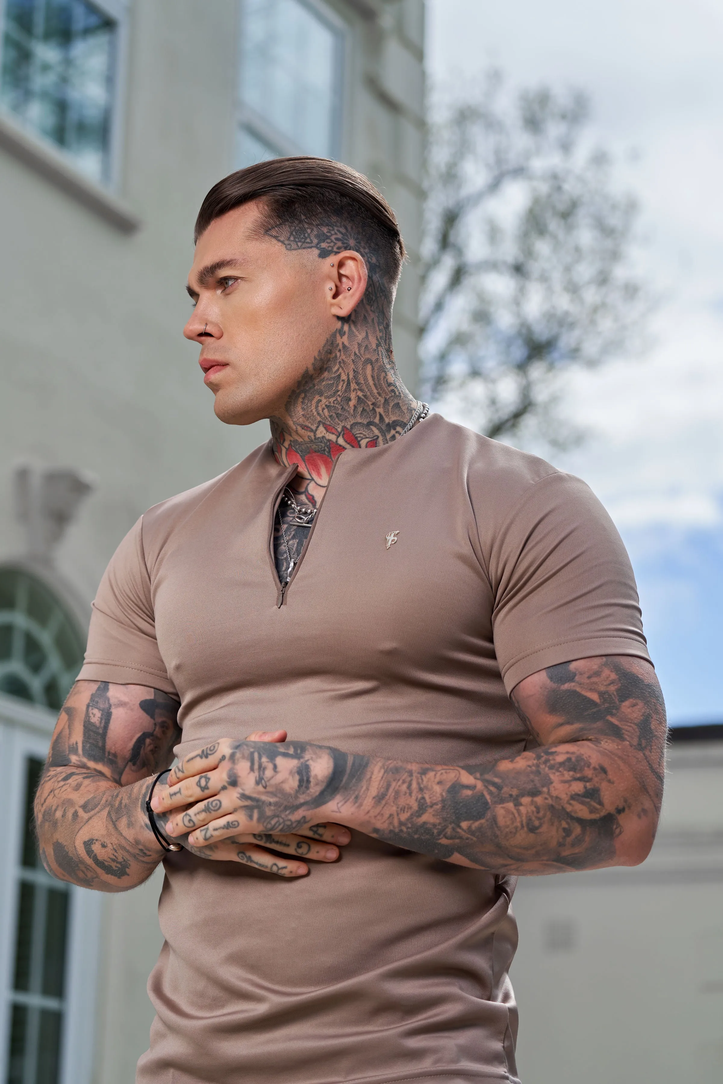 Father Sons Scuba Taupe / Gold Crew T Shirt With Zip Detail Short Sleeve - FSH1030