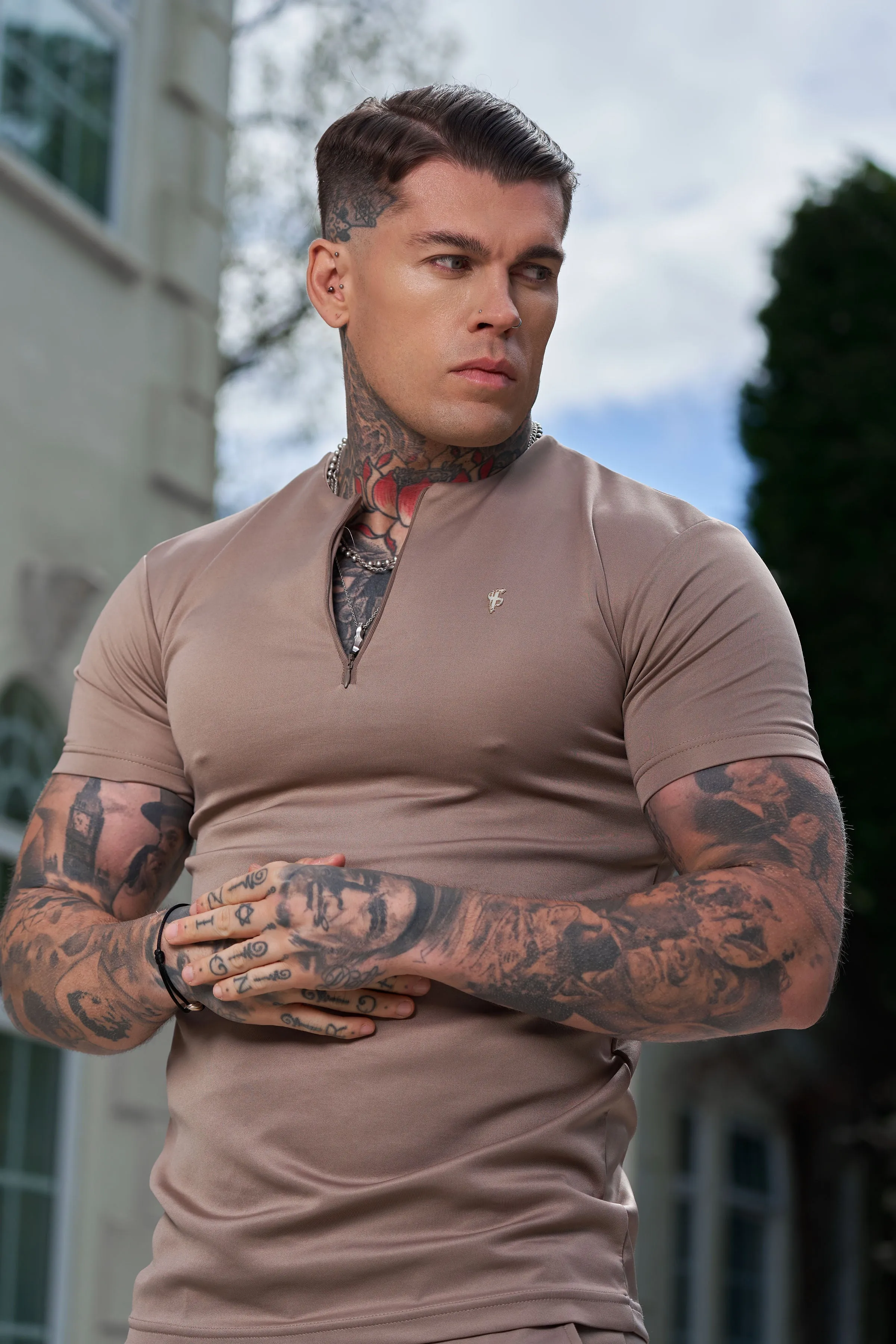 Father Sons Scuba Taupe / Gold Crew T Shirt With Zip Detail Short Sleeve - FSH1030