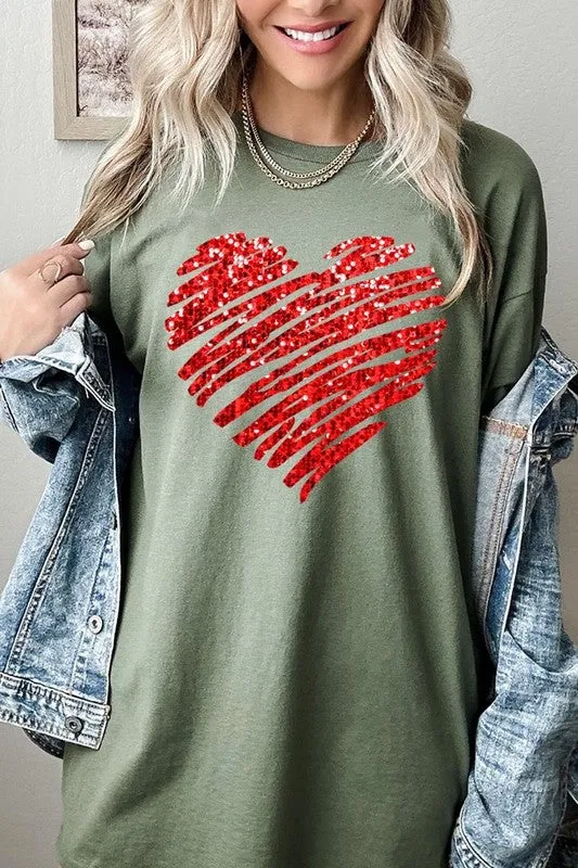 Faux Sequins Heart Graphic Plus Heavy Cotton Tee