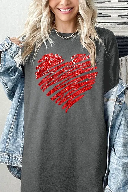 Faux Sequins Heart Graphic Plus Heavy Cotton Tee