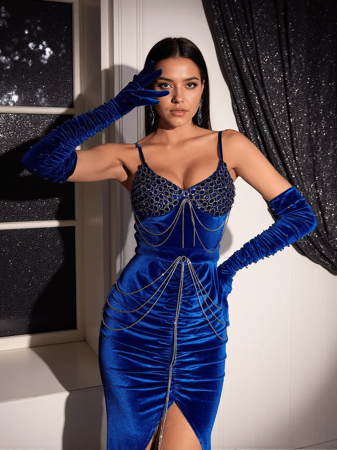 Finlay Crystal Fringe Ruched Velvet Dress