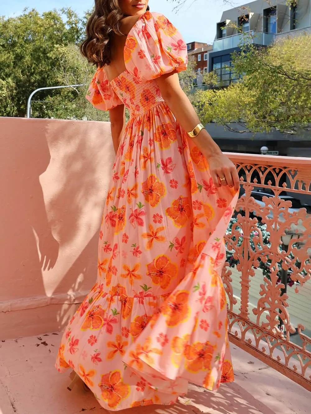 Floral Print Puff Sleeve Graceful Back Smocked Pocket Maxi Dress