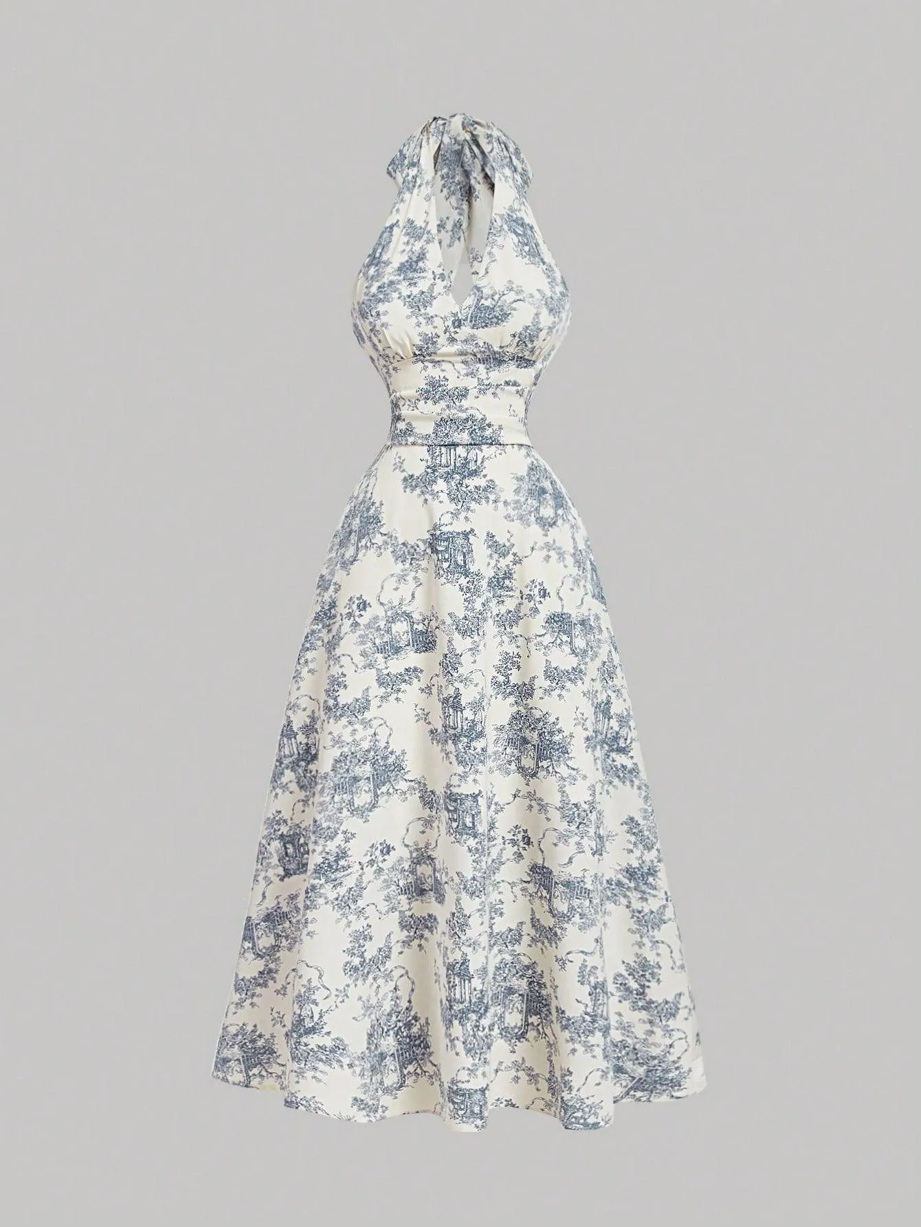 Floral Print Ruched Waist Elegant Halter Midi Dress