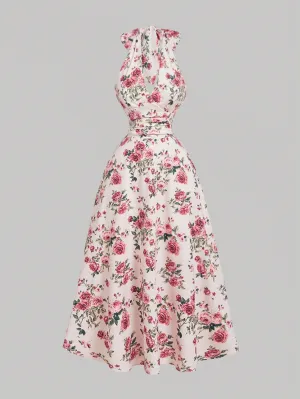 Floral Print Ruched Waist Elegant Halter Midi Dress