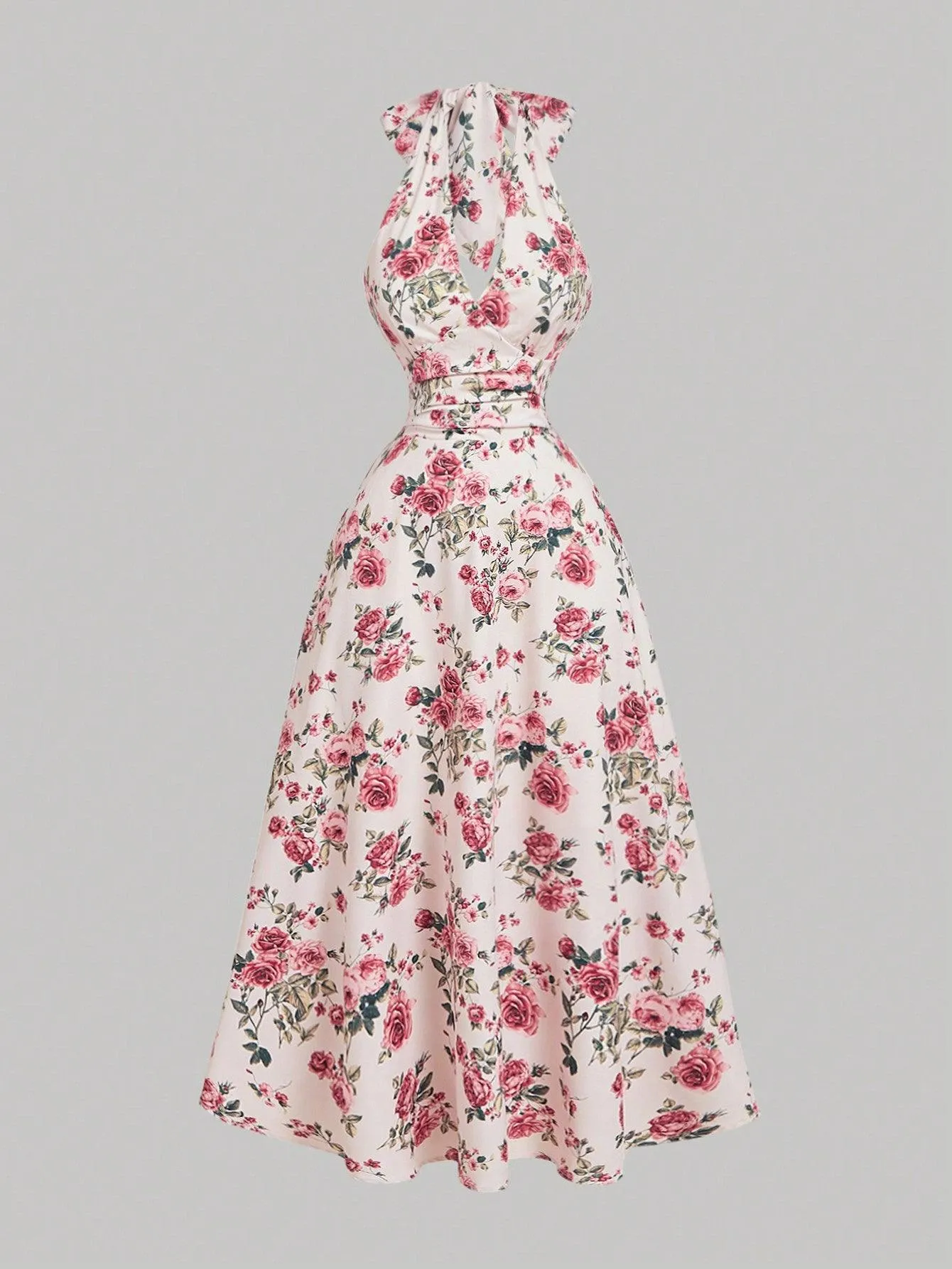Floral Print Ruched Waist Elegant Halter Midi Dress
