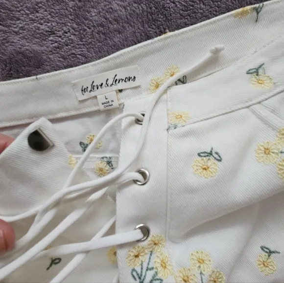 For Love &amp; Lemons White with yellow flowers Denim Embroidered Shorts L