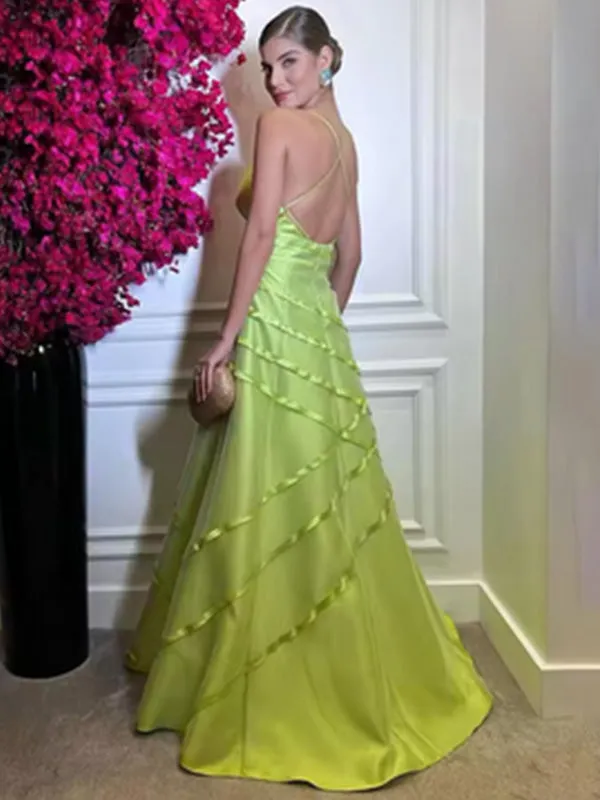 Formal V-neck Sleeveless A-line Satin Evening Prom Dresses Online, OLP967