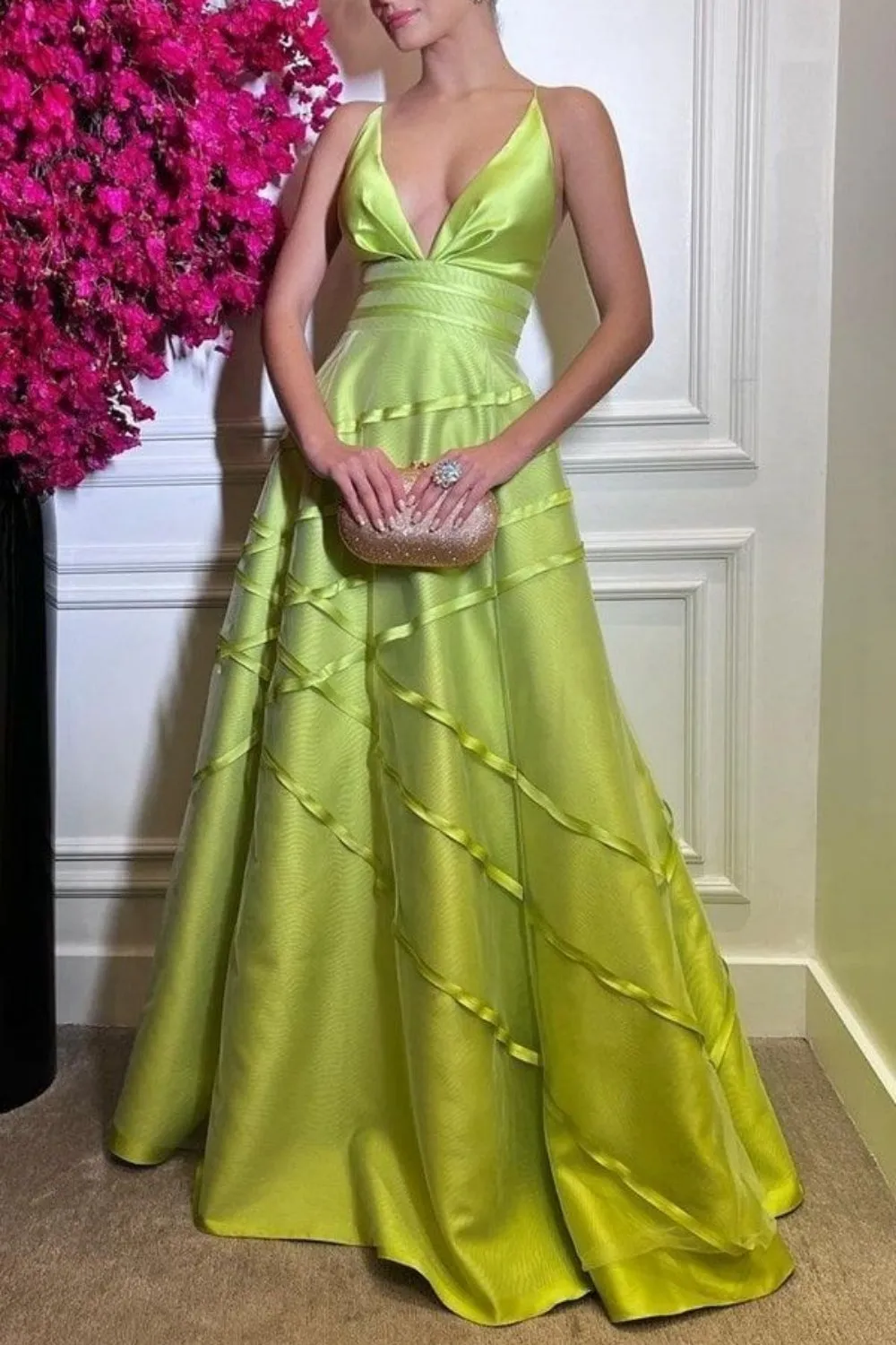 Formal V-neck Sleeveless A-line Satin Evening Prom Dresses Online, OLP967